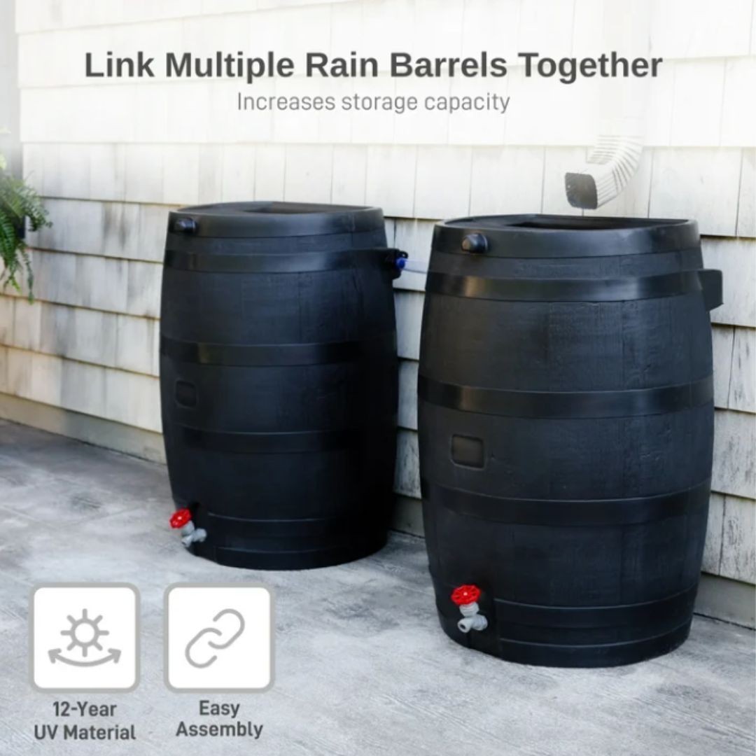 RTS Home Accents Polyethylene 50 Gallon Flat Back Eco Rain Barrel, Black Color