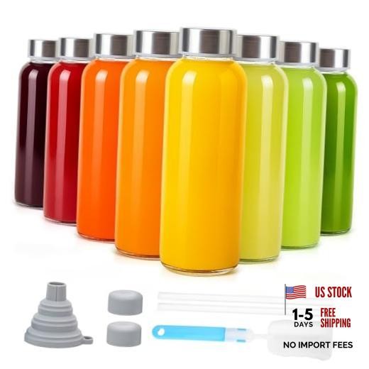 10 oz Glass Juice Bottles, 8 Pack with Stainless 10 OZ Silver lid- 8 pack