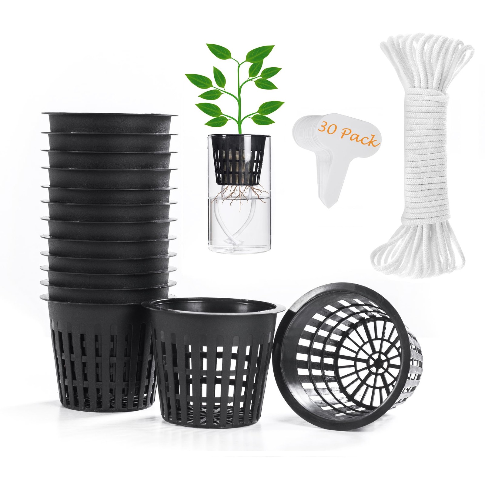 ORIMERC 30 Pack 3 inch Net Cup Pots with 30 feet Hydroponic Self Watering Wic…