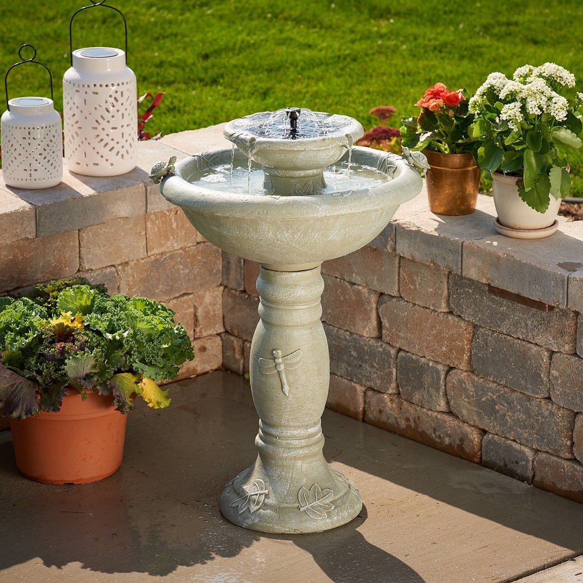 Country Gardens 2-Tier intelliSOLAR Fountain with Remote – Weathered Stone – N/A
