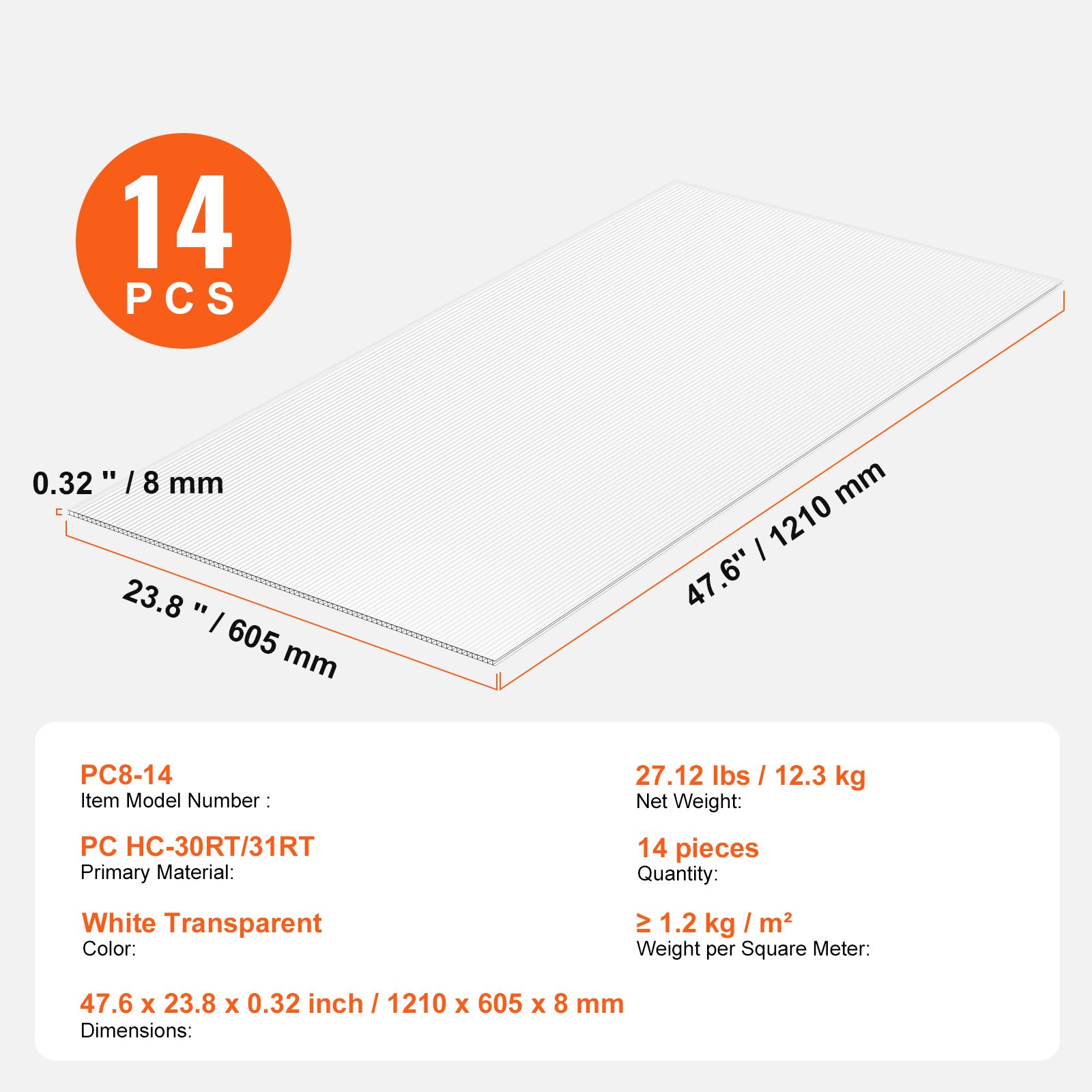 14 Pack Polycarbonate Greenhouse Panels 2′ X 4′ X 8mm UV Protected Roof Sheets