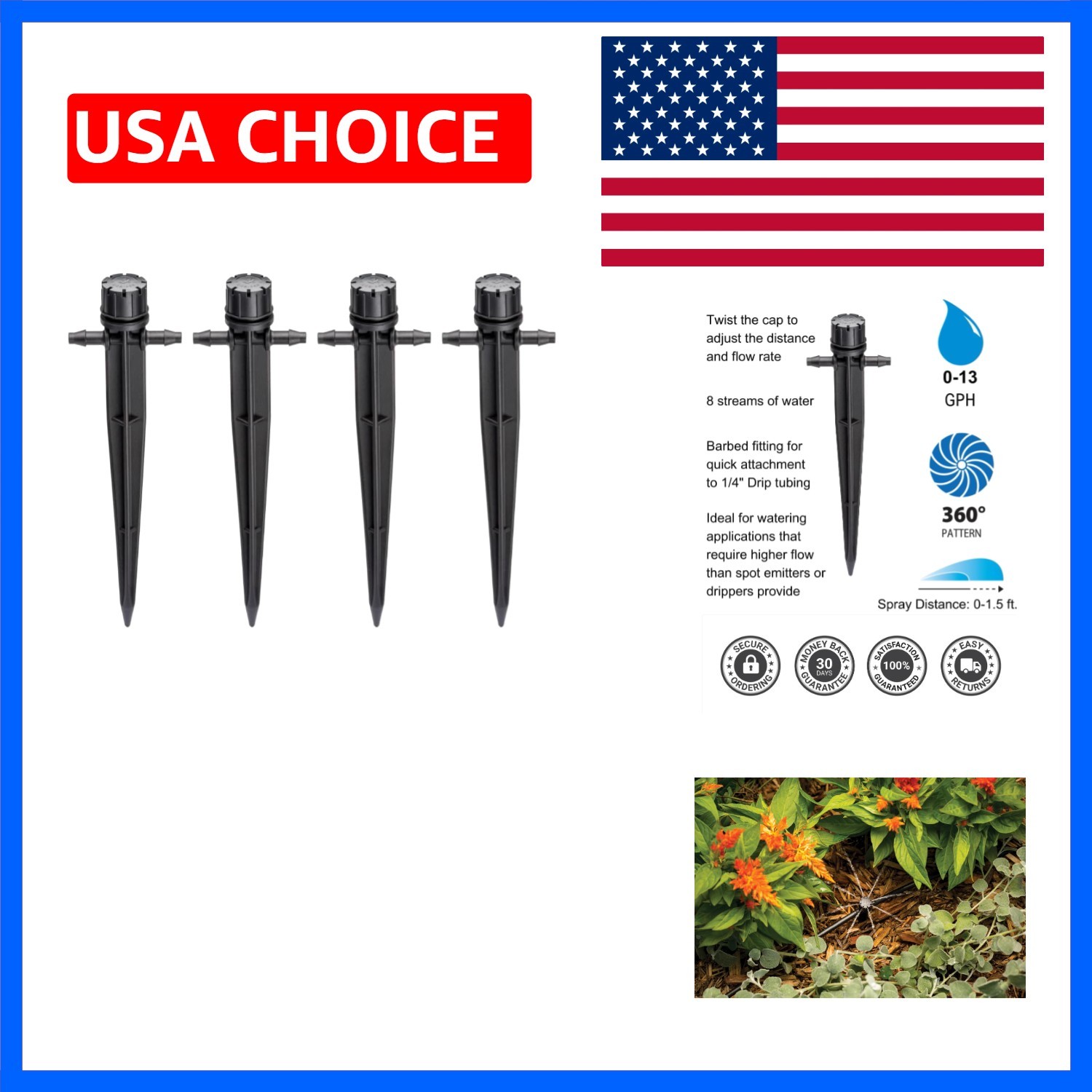 Drip Irrigation Pressure Compensating in-Line Bubbler on Stake, 360° Full Cir…