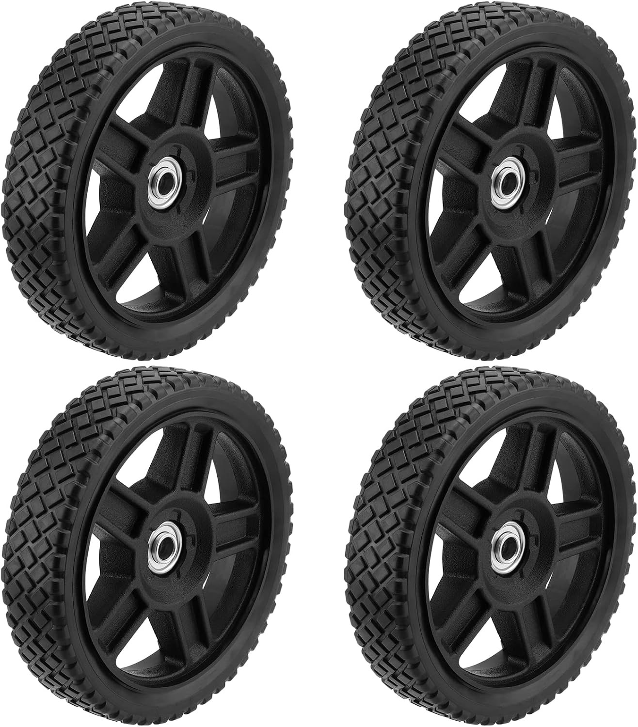 4 Pack 8 Inch Push Mower Wheels, Plastic Spoked, Rubber Replacement