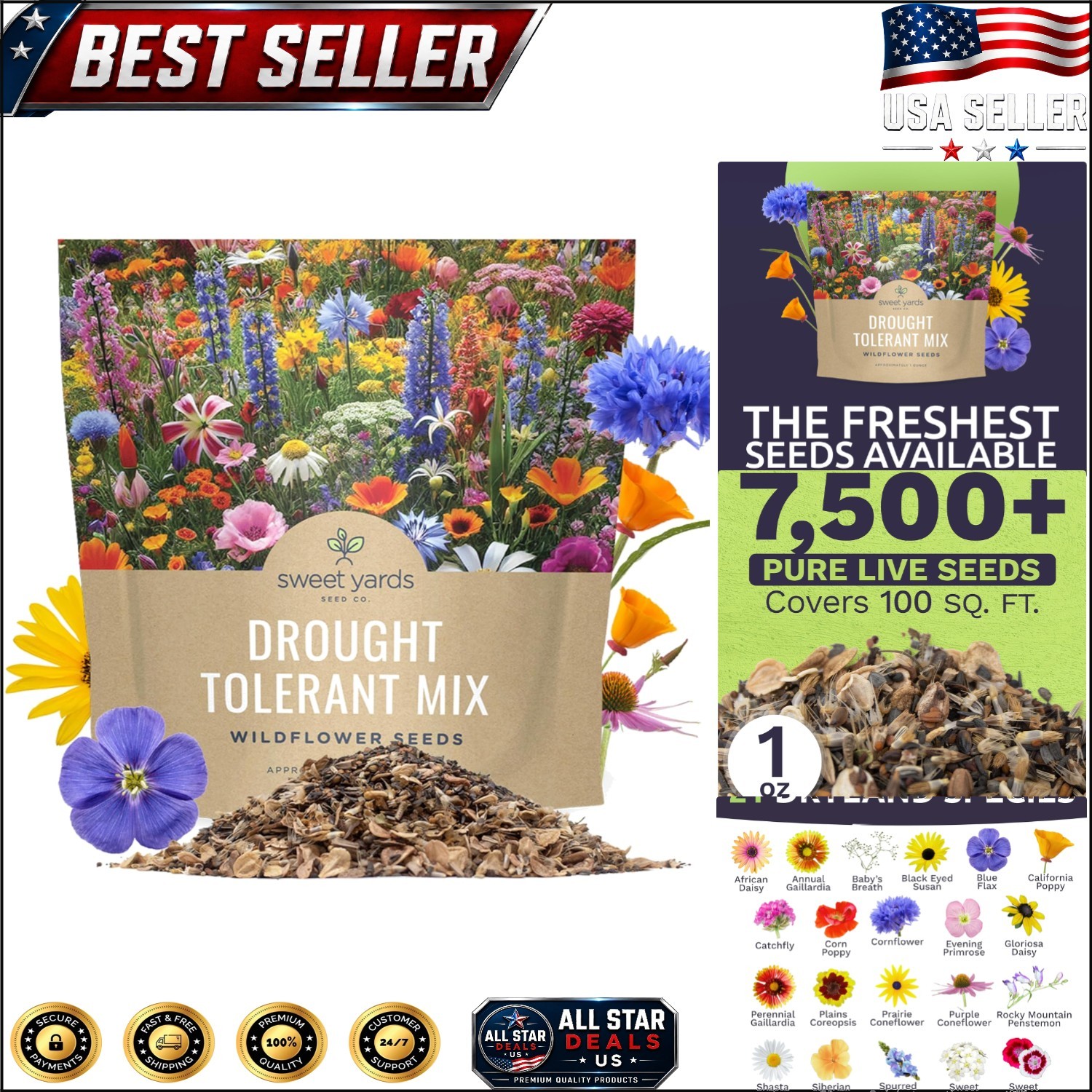 Non-GMO Wildflower Seed Mix – 7,500 Open Pollinated Seeds for Gardens