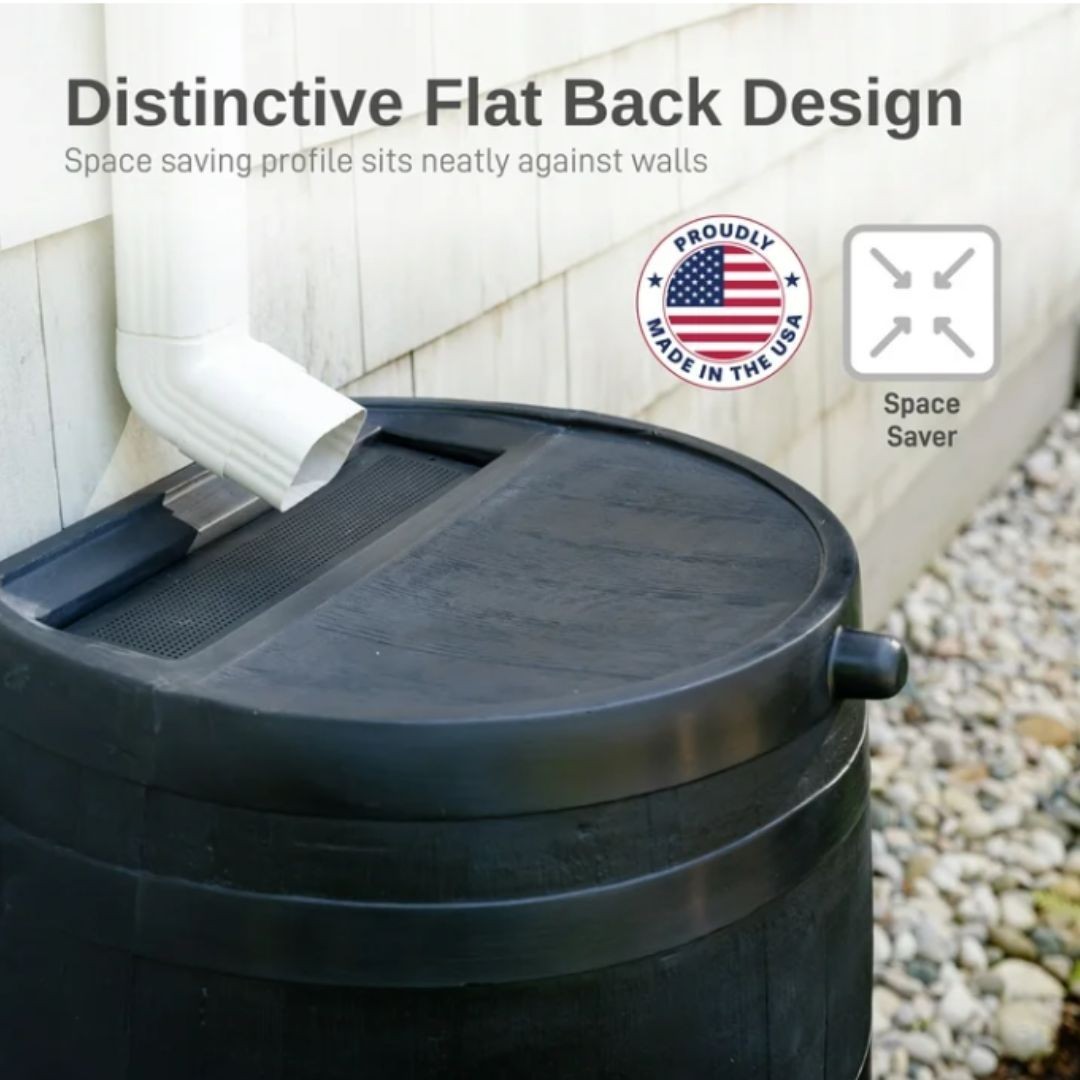 RTS Home Accents Polyethylene 50 Gallon Flat Back Eco Rain Barrel, Black Color