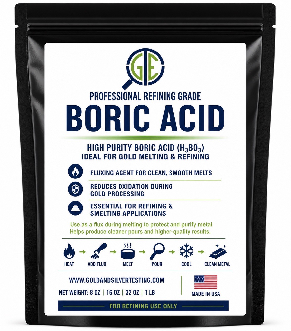 Boric Acid 8 oz 99% Pure Powder Flux Gold Silver E-Waste Metal Refining Melting