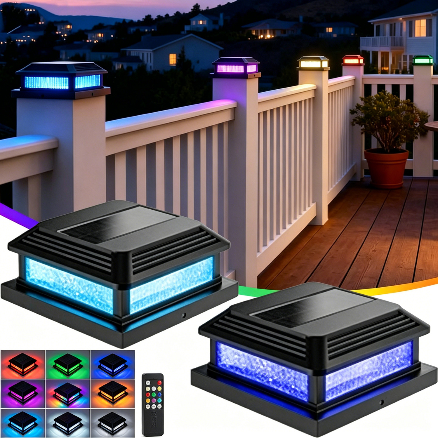4×4″ Solar Post Cap Lights Outdoor w/ Remote 12 Modes RGB Garden Fence Deck Lamp