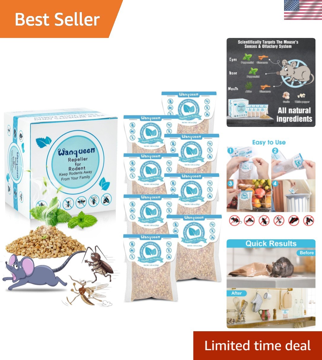 8 Pack Mouse Repellent Pouches with Peppermint Oil, Rodent Repellent, Mice Re…
