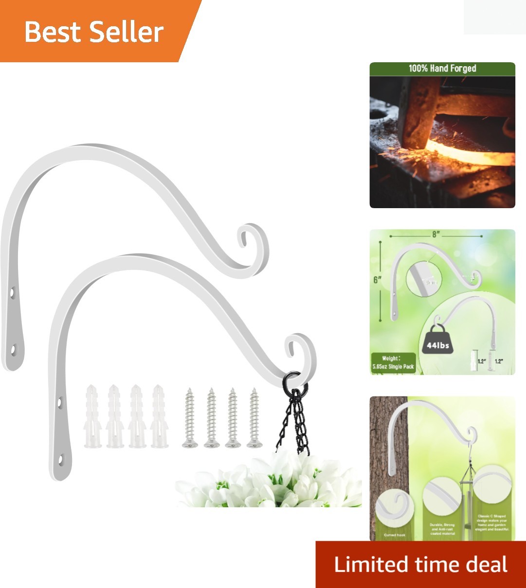 Heavy Duty Plant Hooks – 2 Pack 8 Inch Wall Mounted Hanging Brackets, 44lb Ca…