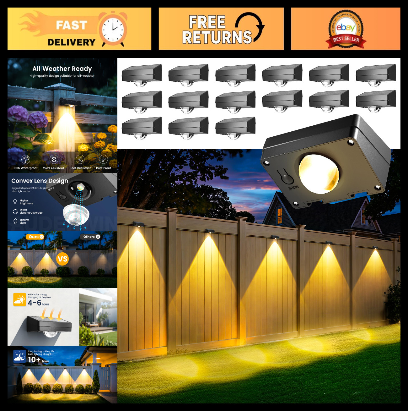 16 Pack Solar Fence Lights Outdoor Waterproof – 3 Modes LED Wall & Patio Decor
