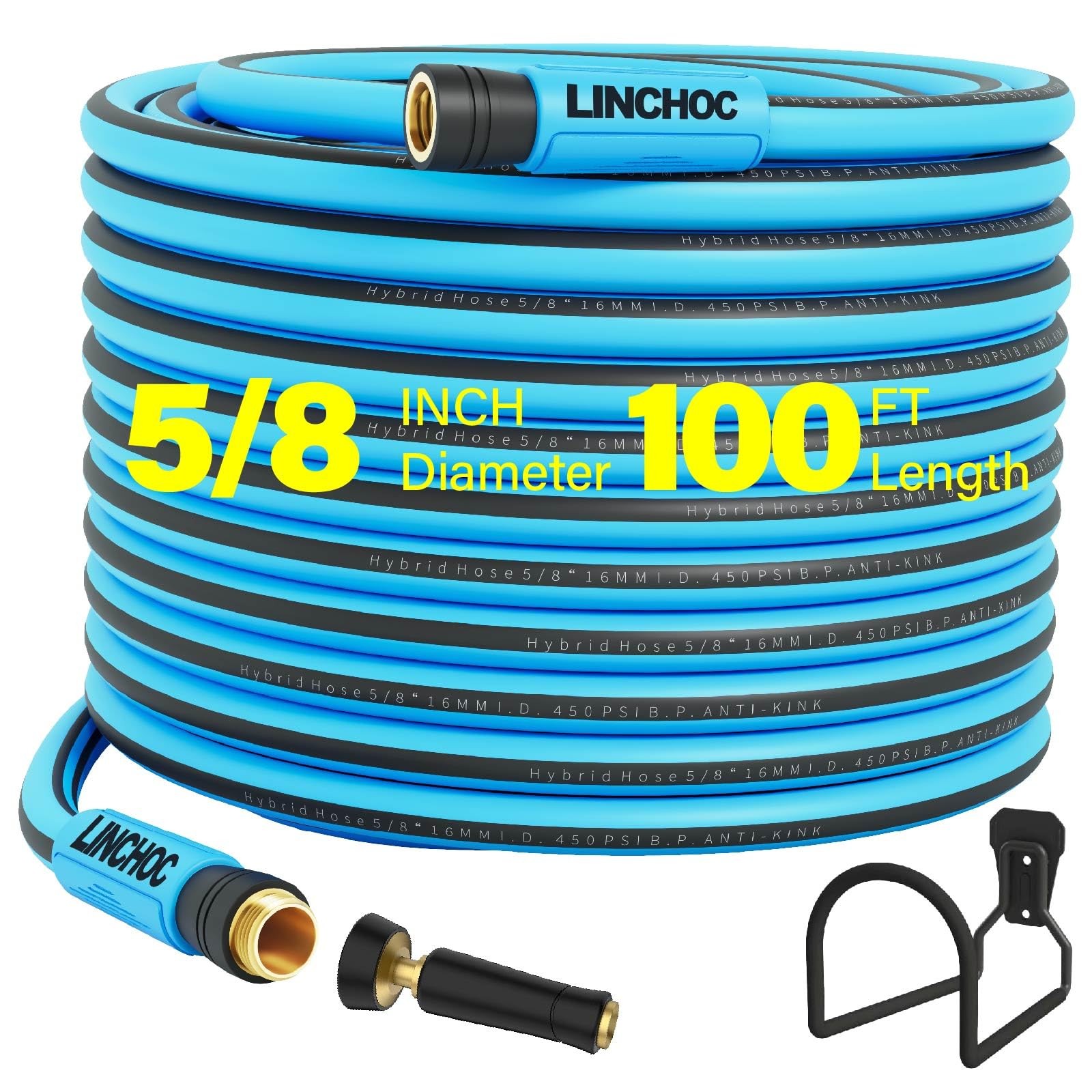 100 FT Hybrid Garden Hose 5/8-Inch with Metal Rack & Brass Nozzle –