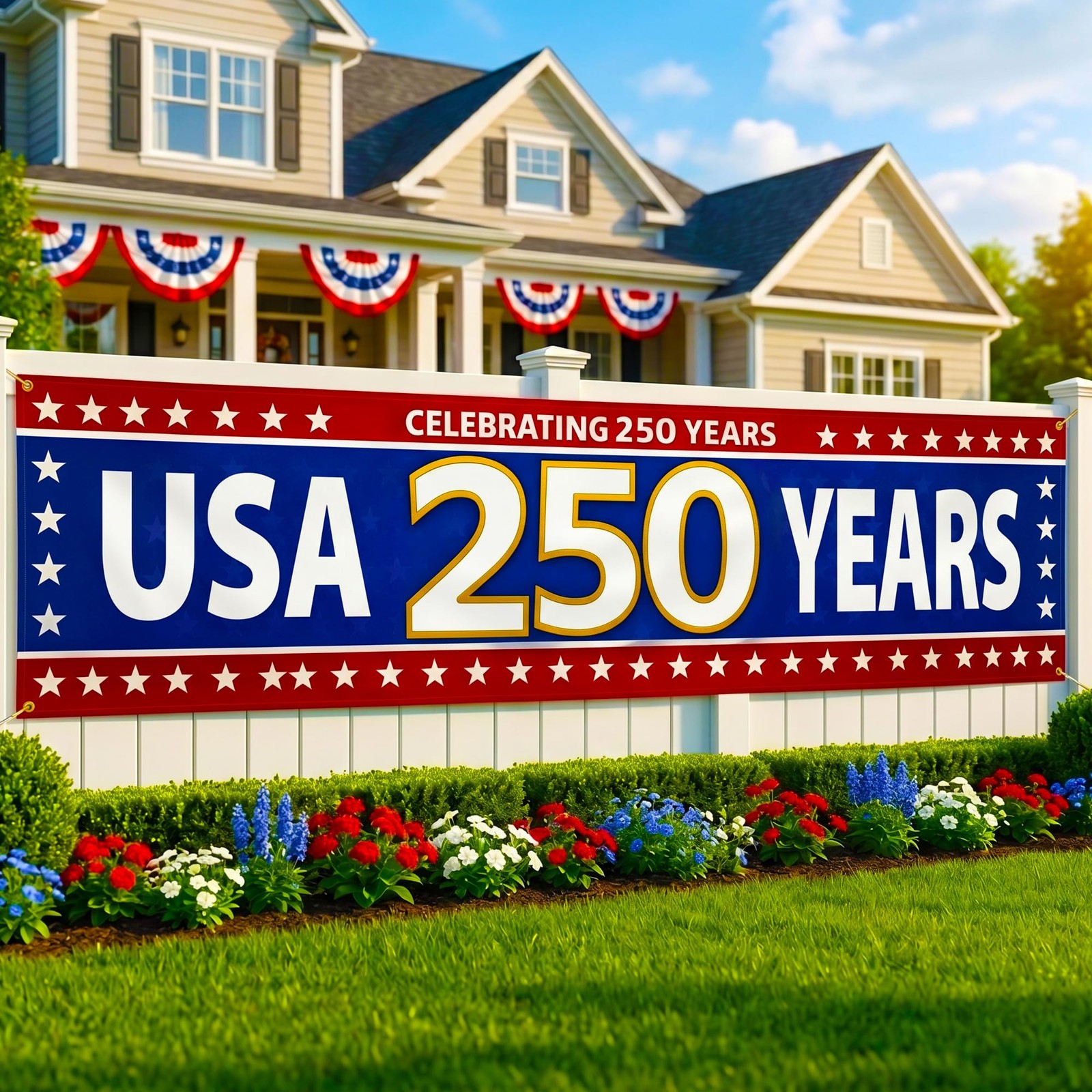 USA 250th Anniversary Banner 2×10 ft – Large Celebrating 250 Years Fence Bann…