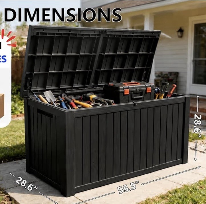 200 Gallon Black Plastic Outdoor Storage Deck Box Soft Close Lid Freestanding