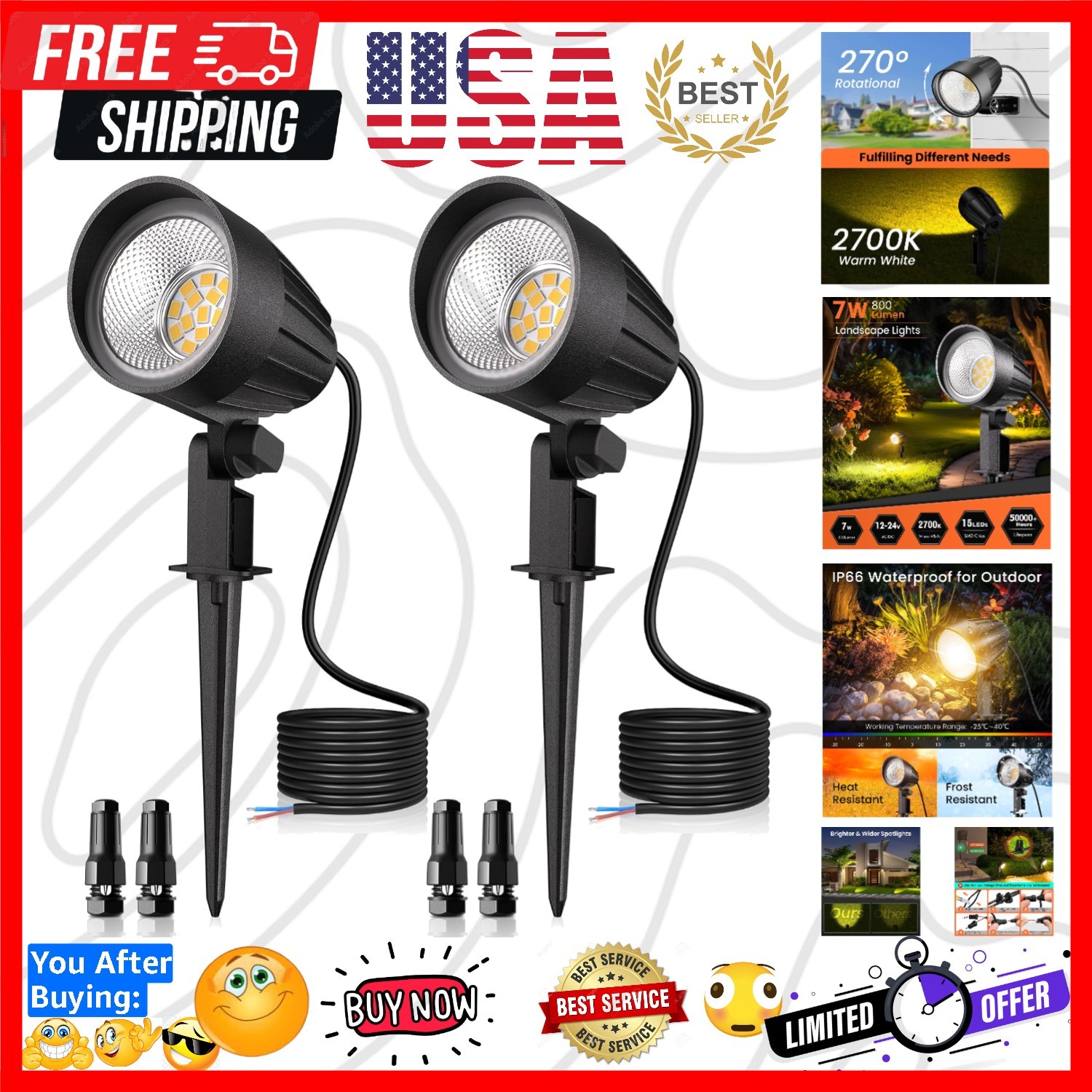 7W 800LM Low Voltage Landscape Lighting | 12V 24V 2700K Warm White LED Landsc…