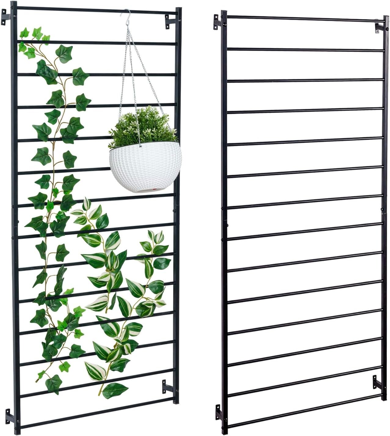 Wall Mounted Black Metal Ladder Trellis, Outdoor Hanging Support Frame, Set of 2