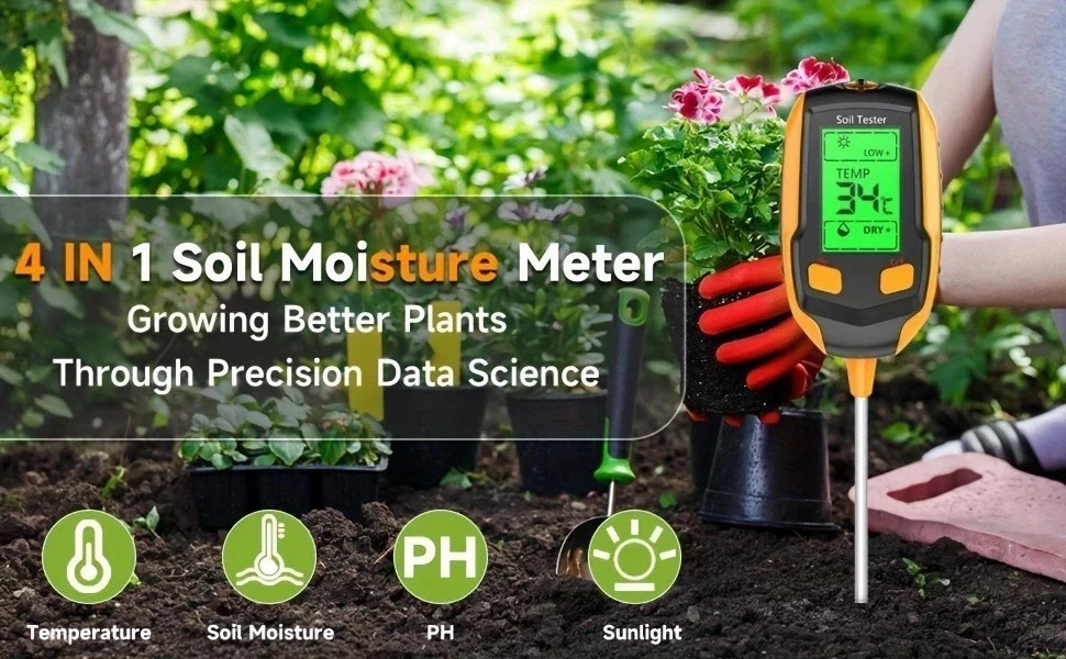 Digital 4 in 1 PH Soil Tester Meter Moisture Temp Light LCD Display Garden Tool