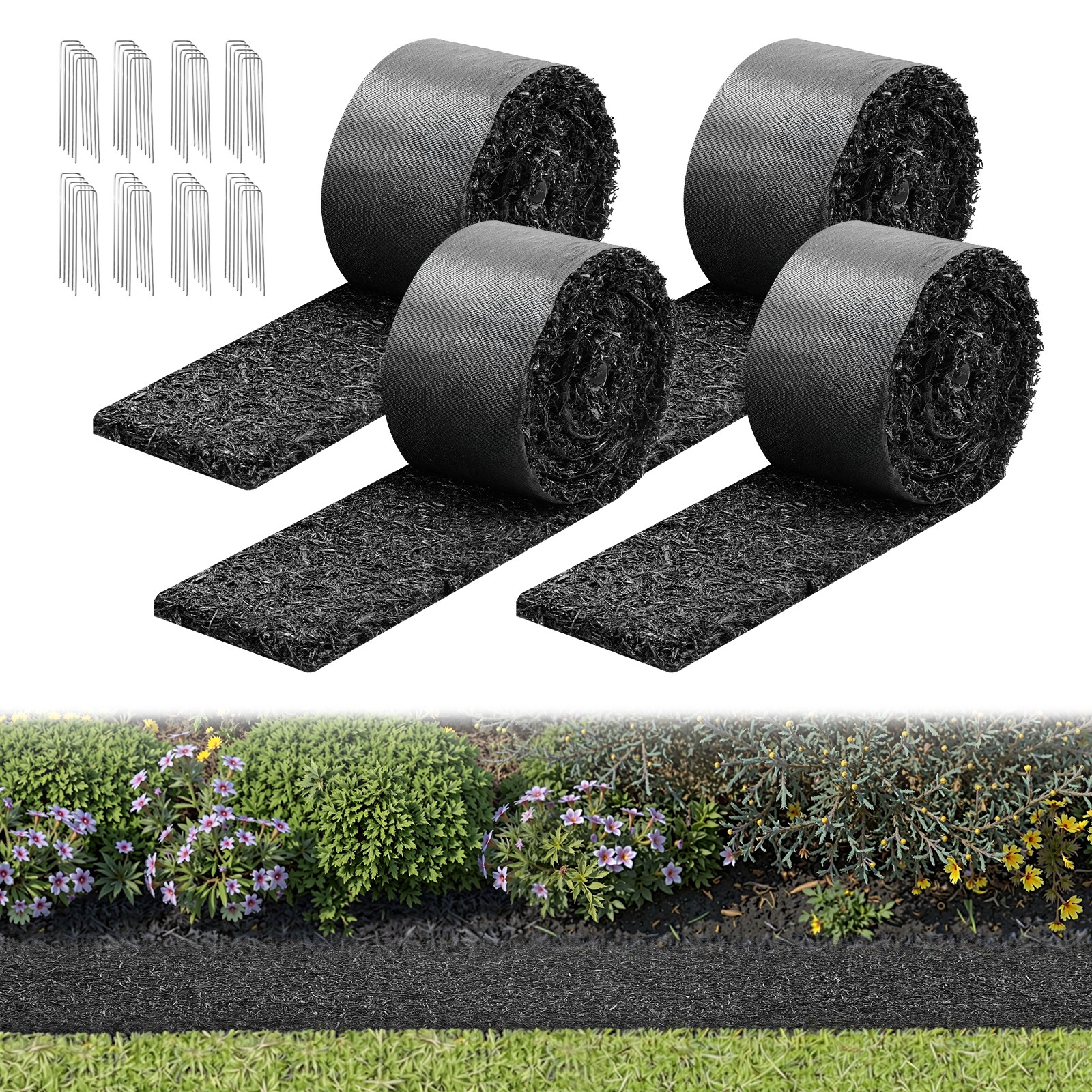 VEVOR Rubber Mulch Roll 4 Pack 120 x 4.5in for Landscaping Mulch Pathway Mat
